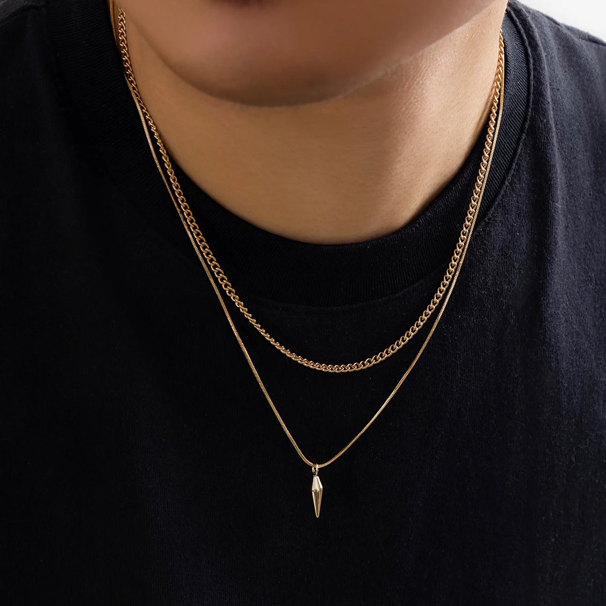 Layered Necklace Set – Curb Chain & Spike Pendant Snake Chain, Gold or Silver