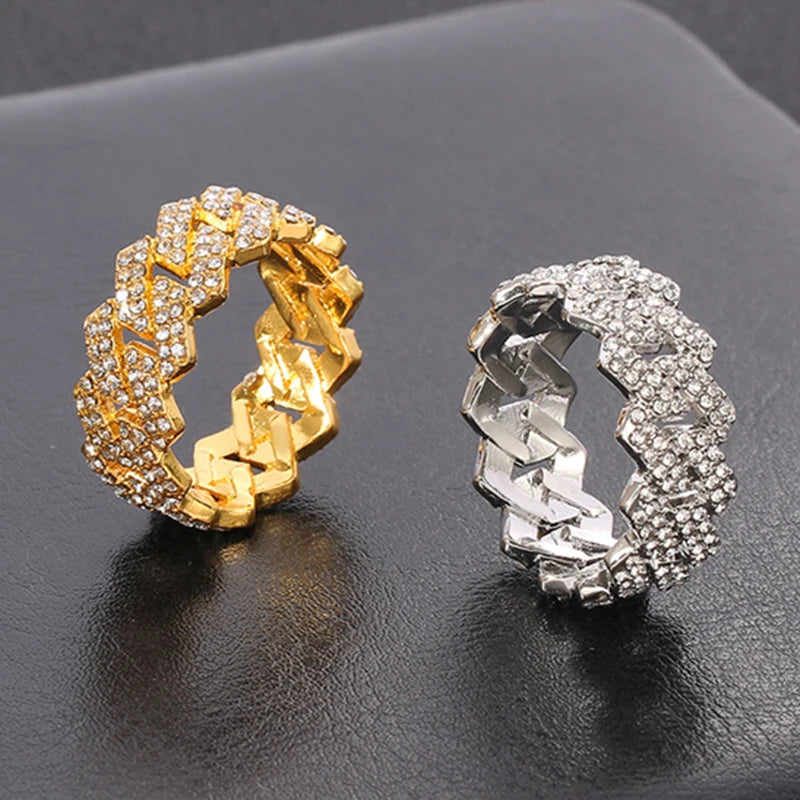 Iced Out Cuban Link Chain Ring for Men and Women, Gold Plated Bling, CZ Simulated Zircon, Hip Hop, Personalized Fashion
