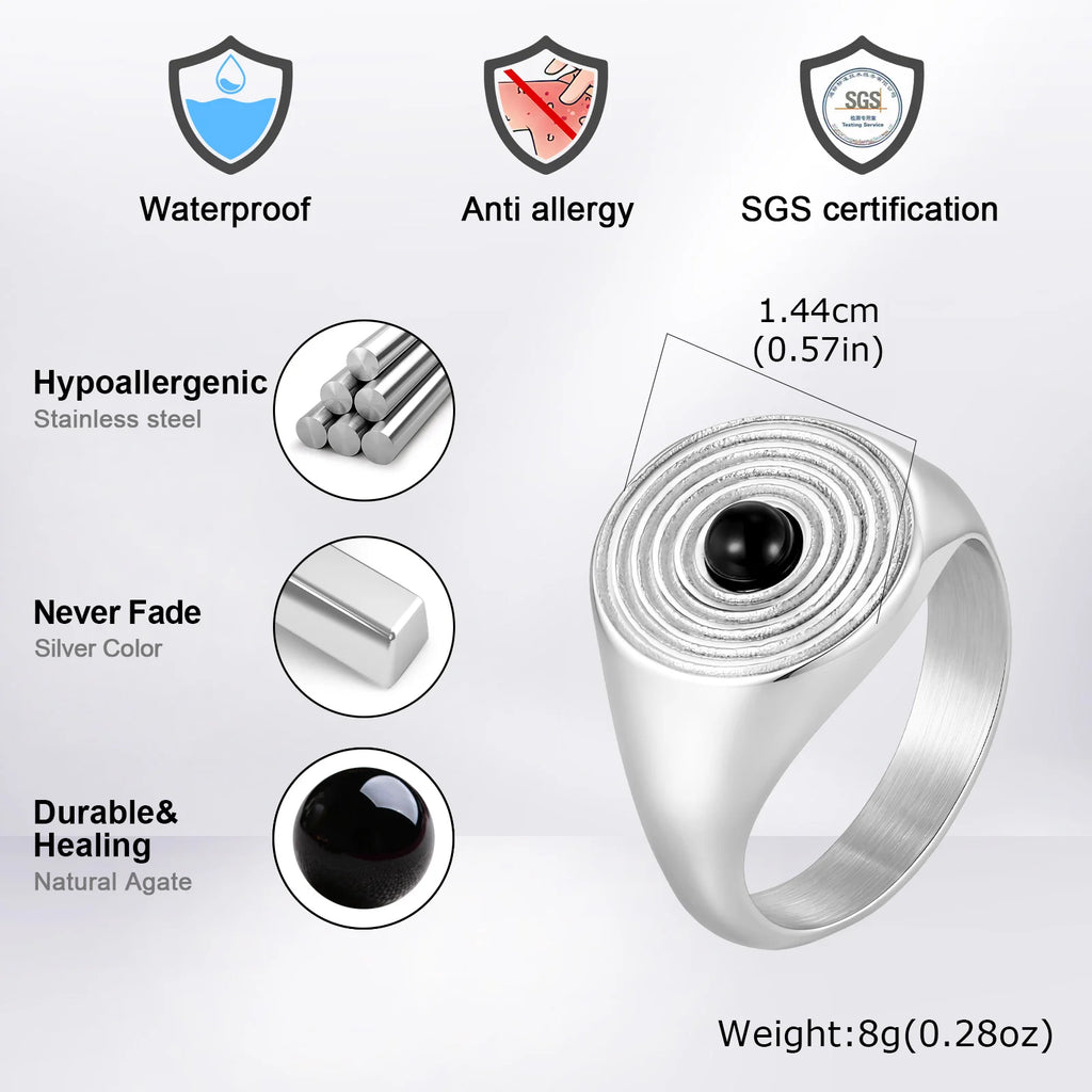 Vnox Stainless Steel Signet Ring for Men, Spiral Pattern Inlaid Black Onyx Stone Finger Ring, Vintage Punk Fashion Jewelry Gift