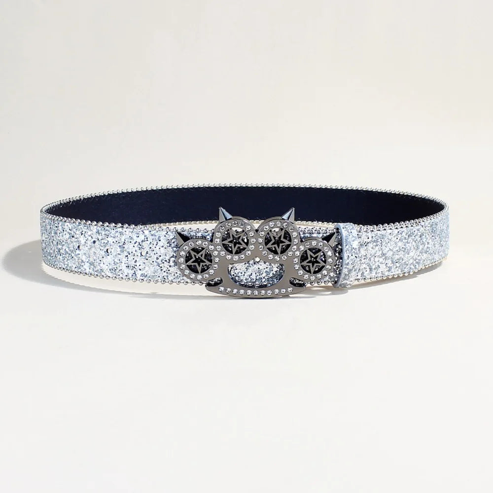 Black Glitter Rhinestone Belt with Spiked Star Ring Buckle – Ball Chain Edges & Gunmetal Four-Ring Plaque with Clear Stones