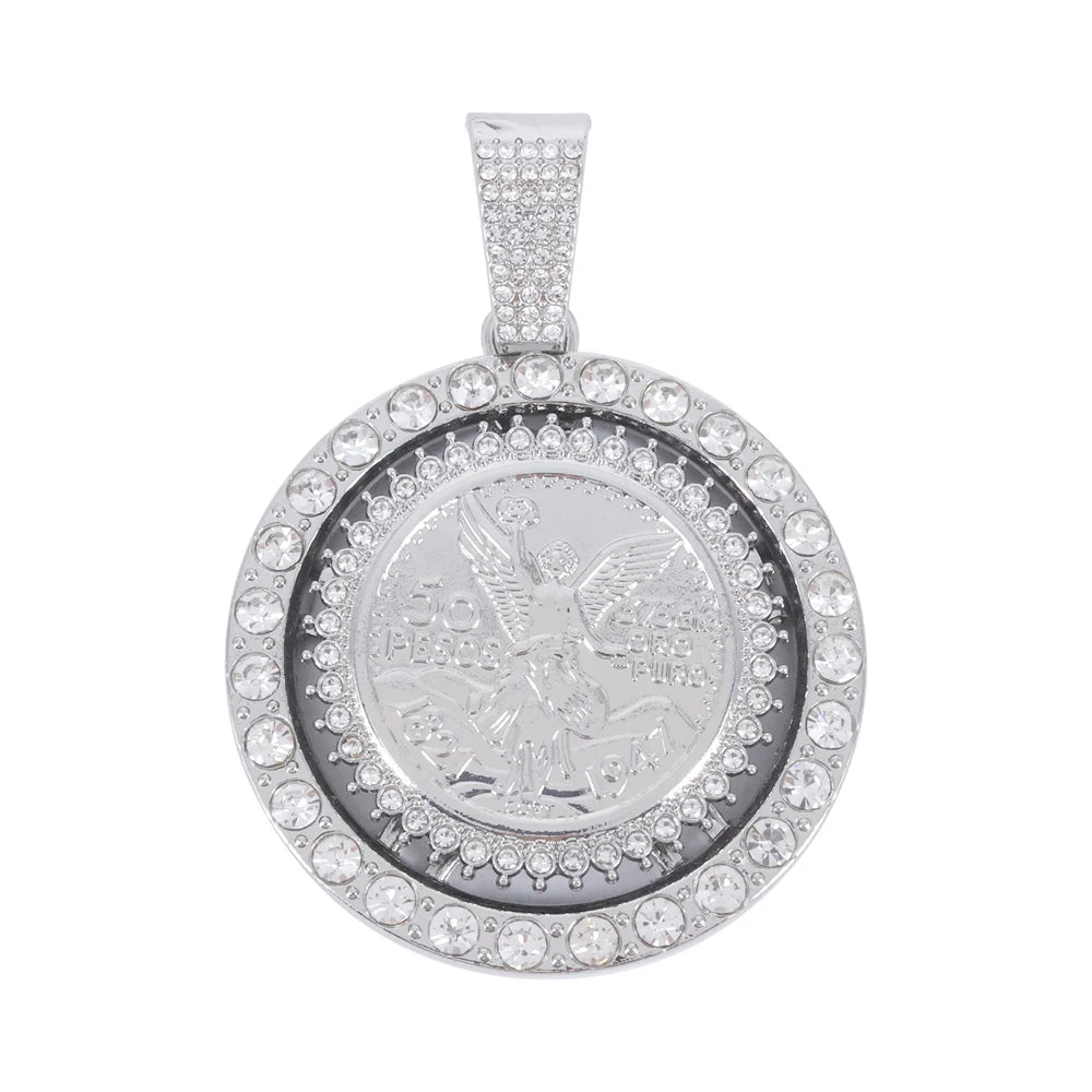 Iced Out Centenario 50 Pesos Coin Pendant – Replica Coin in Double Stone-Set Bezel | Silver, Pendant Only