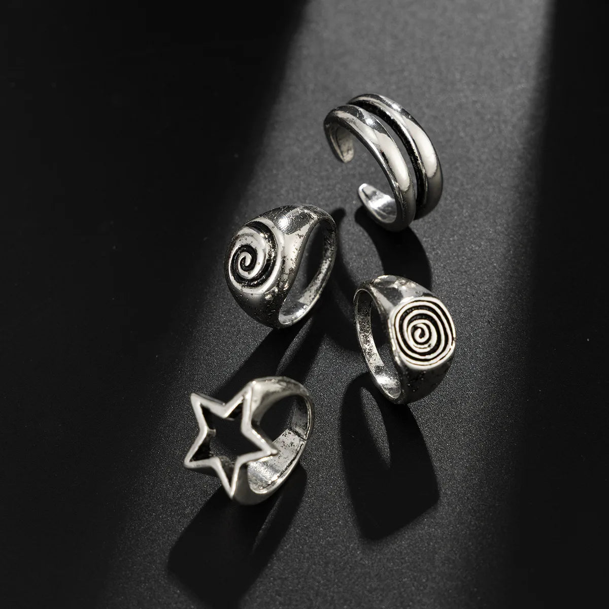 4Ps/Set Hiphop Punk Hollow Pentagram Rings for Men Women Vintage Geometric Thread Vortex Opening Rings Set Gothic Jewelry Gifts
