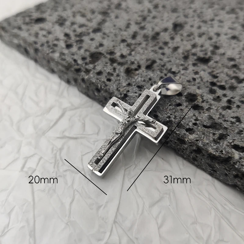 Crucifix Cross Pendant – Layered Design with Polished Frame, Textured Sparkle Center & Open Cutout, Religious Jewelry | Silver