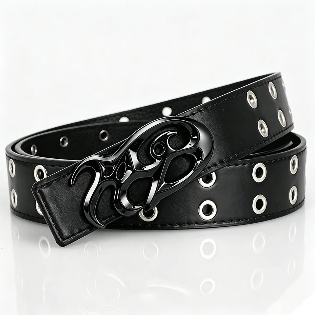 Black Double Grommet Belt with Tribal Chrome Buckle – Polished Silver Y2K Sigil Plaque & Stitched Strap