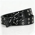 Black Double Grommet Belt with Tribal Chrome Buckle – Polished Silver Y2K Sigil Plaque & Stitched Strap