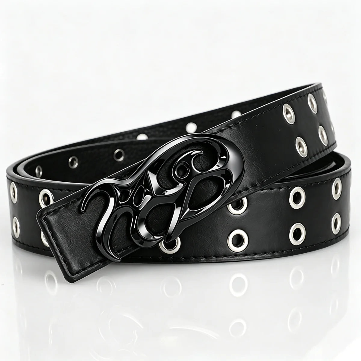 Black Double Grommet Belt with Tribal Chrome Buckle – Polished Silver Y2K Sigil Plaque & Stitched Strap
