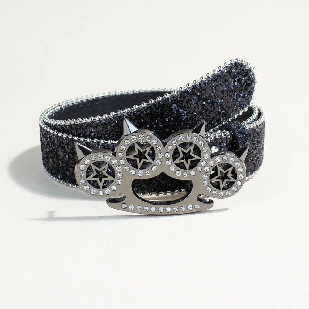 Black Glitter Rhinestone Belt with Spiked Star Ring Buckle – Ball Chain Edges & Gunmetal Four-Ring Plaque with Clear Stones