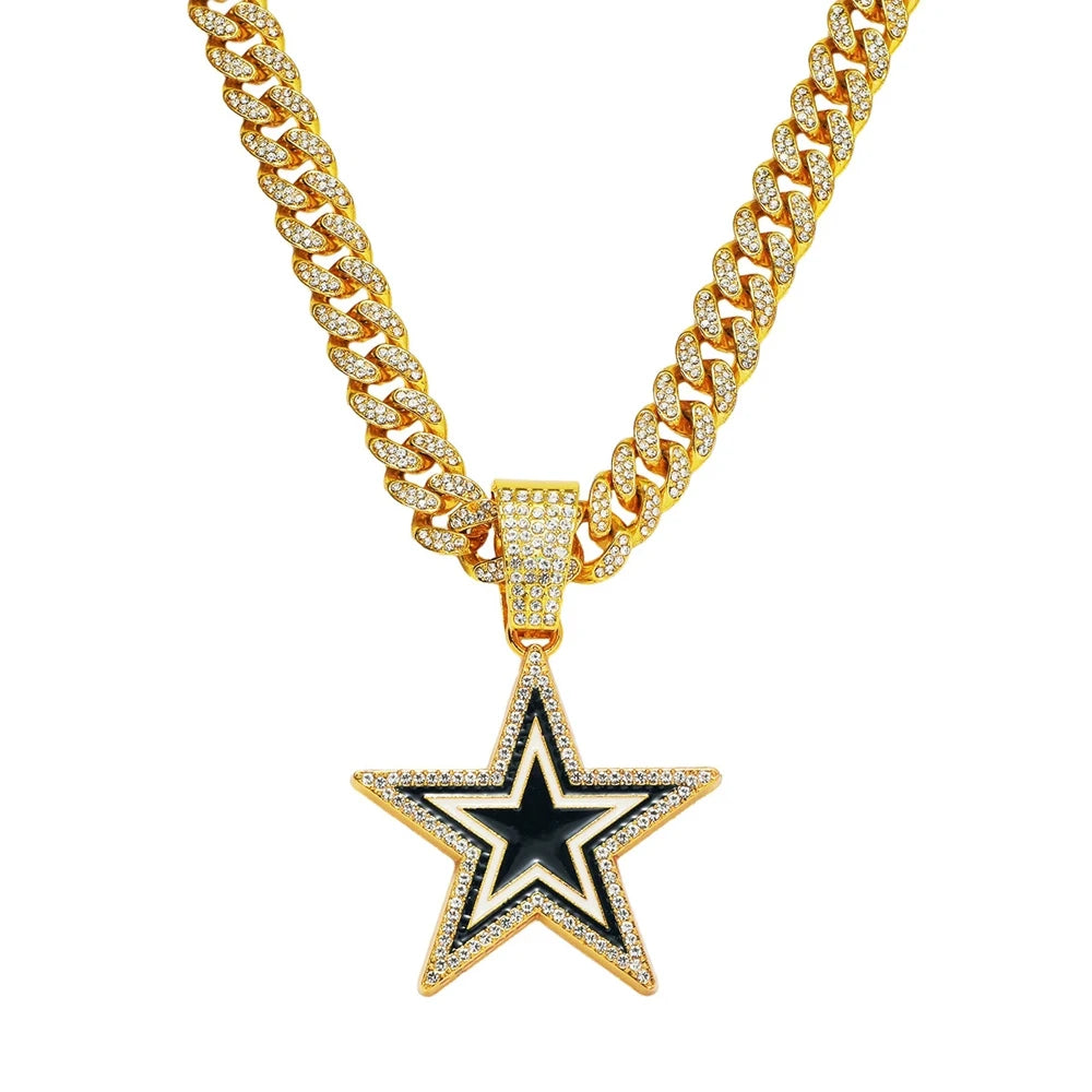 Iced Out Star Pendant Necklace on Cuban Link Chain – Black & White Enamel Star with Stone-Set Border | Silver or Gold