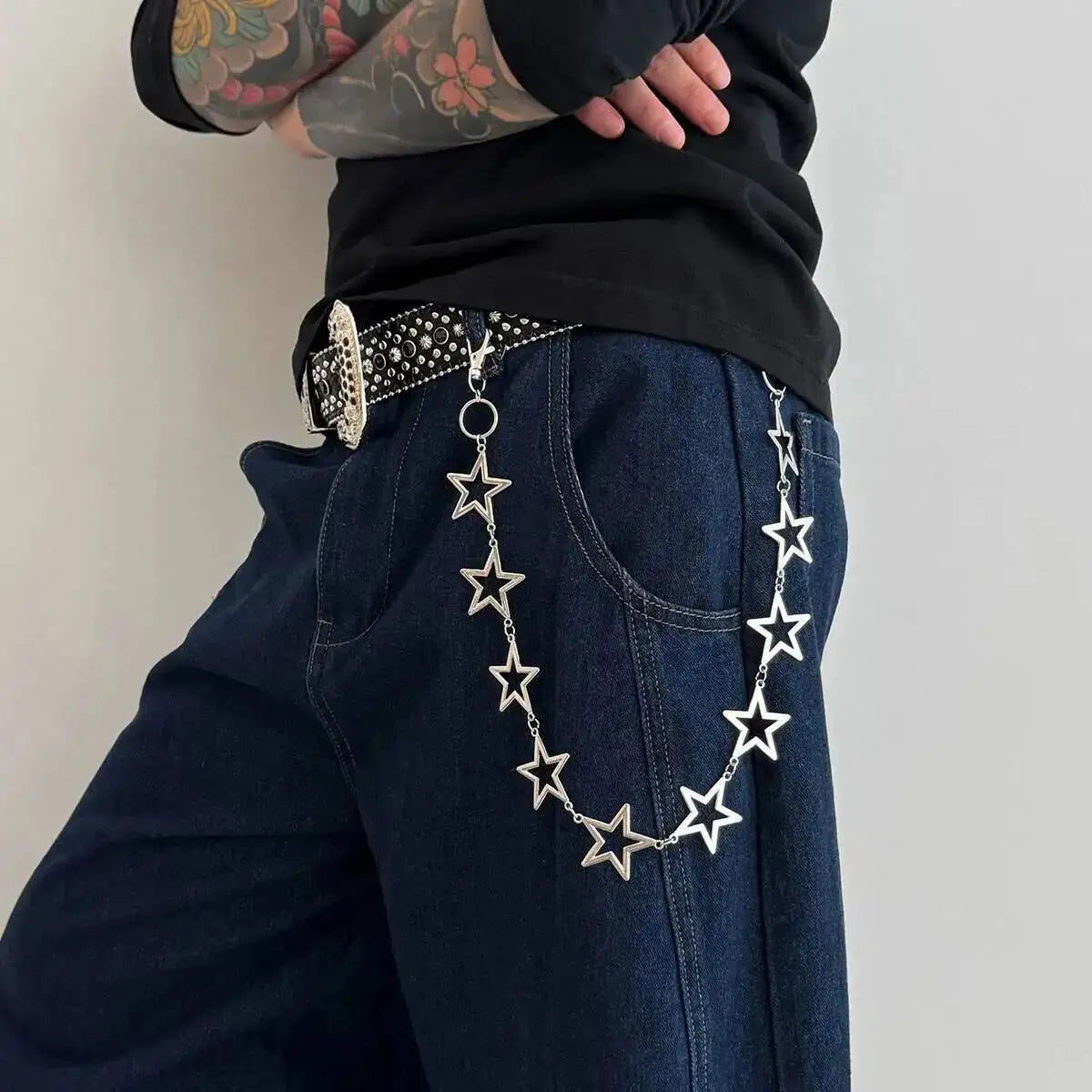 KunJoe Hip Hop Hollow Out Star Waist Belt Chain Keychain Jeans Accessory Men Women Punk Metal Hipster Pants Chain Male Jewelry
