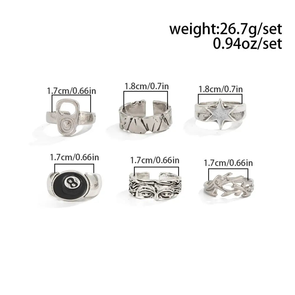 Hiphop Punk Hollow Hexagonal Star Rings for Men Women Gothic Irregular Metal Open Rings Set Y2K Street Jewelry Accessories