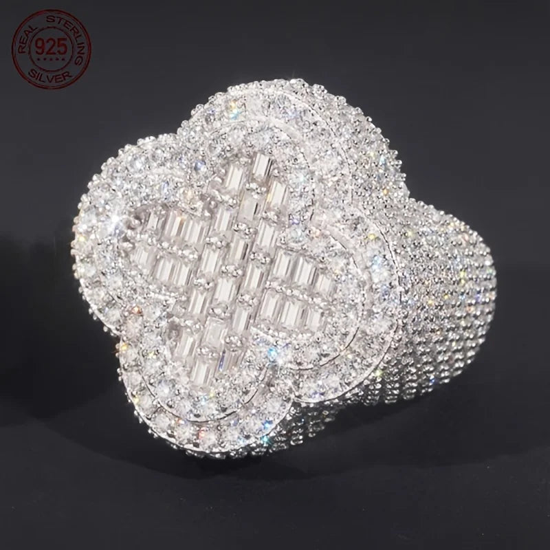 925 Sterling Silver Luxury Hip Hop Ring For Men Full Cubic Zirconia White Gold Plated Clover Rings Male Punk Jewelry Party Gift