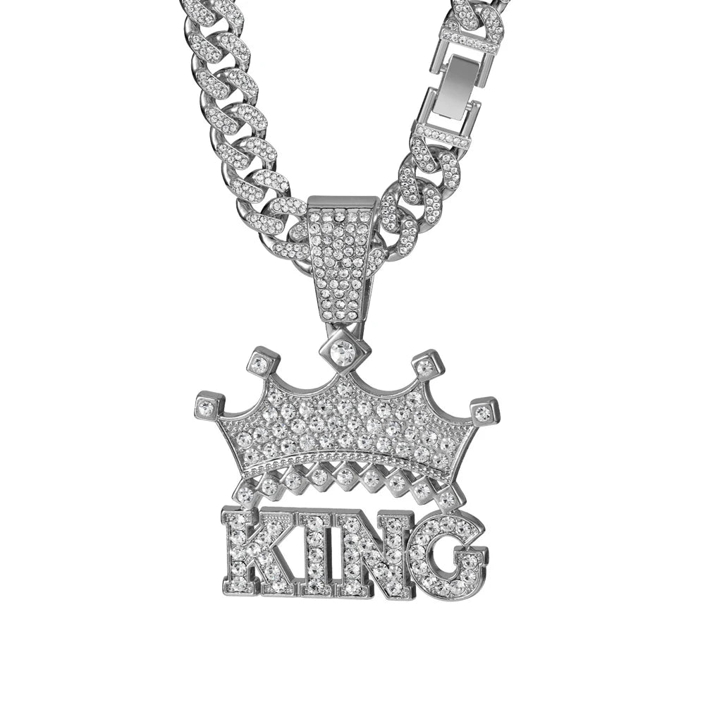 Iced Out Crown KING Pendant Necklace on Cuban Link Chain – Jeweled Crown over Block Letters | Silver or Gold