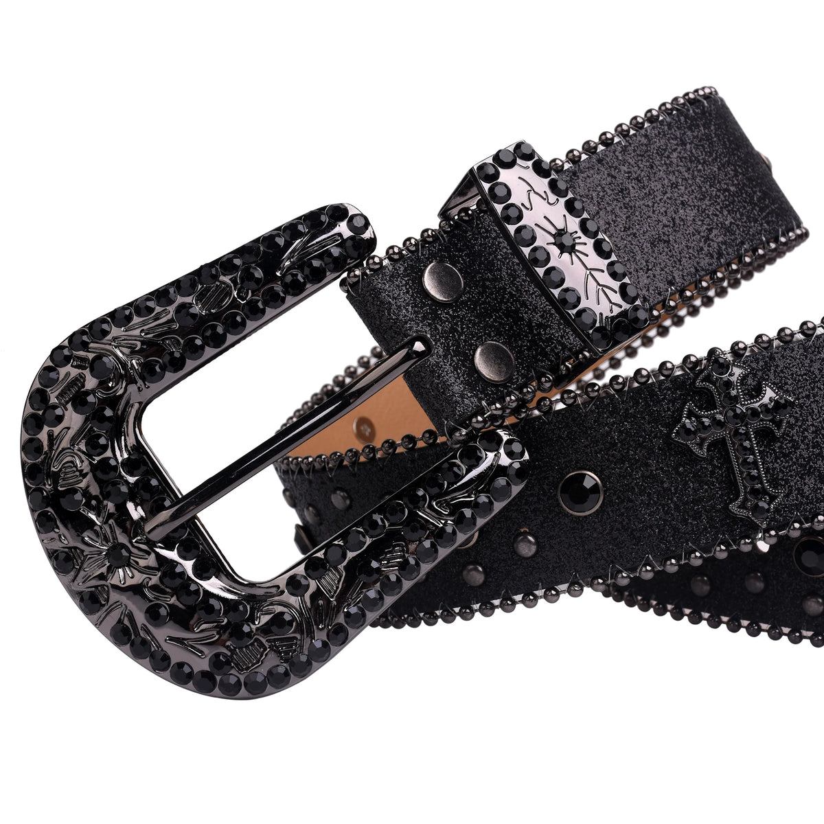 Black Rhinestone Studded Western Belt with Cross Concho – Glitter Strap, Ball Chain Edges & Engraved Black Buckle Set