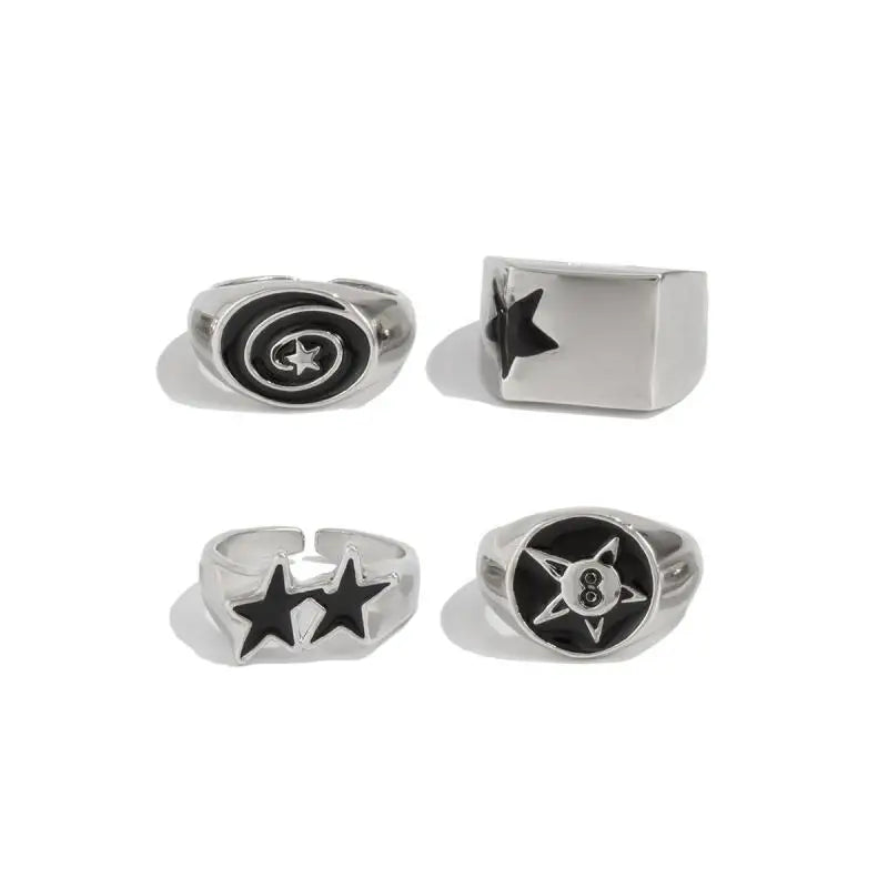 4Pcs/Set Black Five-Pointed Star Wide Rings for Men Hiphop Silver Color Geometric Thick Opening Finger Rings Sets Jewelry Gifts