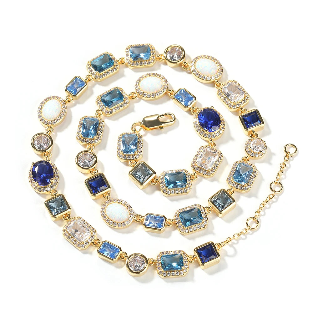Iced Out Mixed-Cut Colored Stone Link Chain Necklace – Halo-Set Oval, Square & Rectangle Stones | Gold/Blue or Silver/Purple