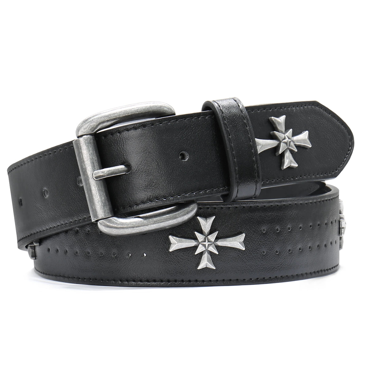 Black Y2K Punk Cross Belt – Faux Leather Strap with Antique Silver Cross Studs, Perforated Detailing & Roller Buckle