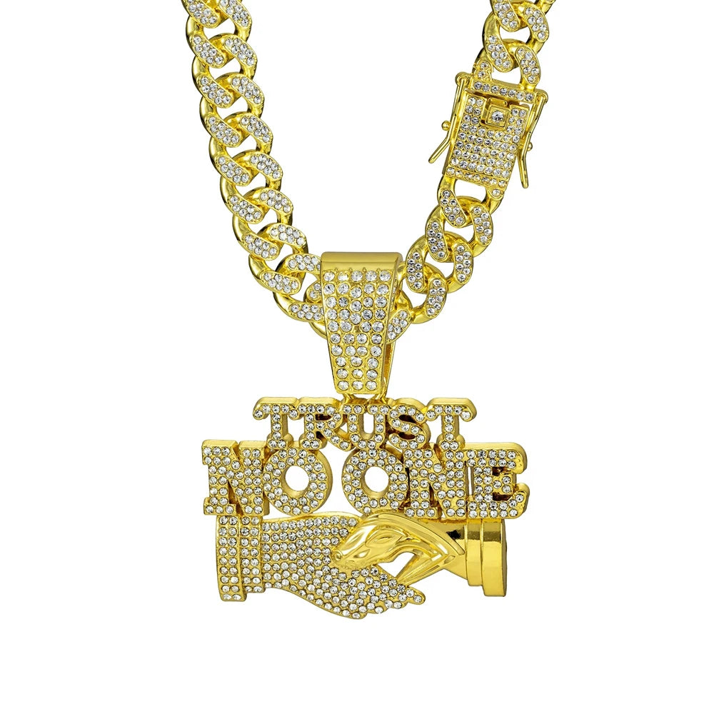 Iced Out TRUST NO ONE Pendant Necklace on Cuban Link Chain – Snake Handshake Design | Gold or Silver