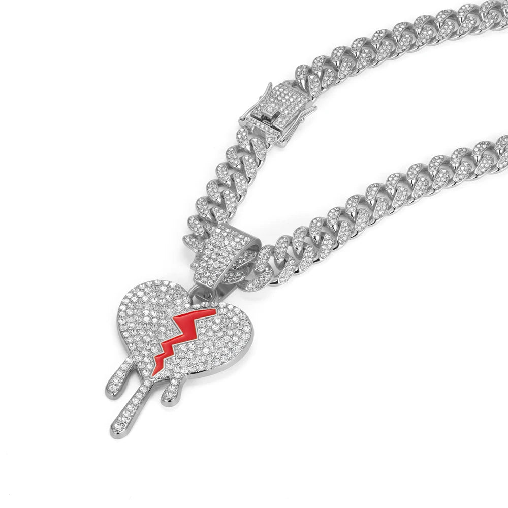 Iced Out Dripping Broken Heart Pendant Necklace on Cuban Link Chain – Red Enamel Crack | Gold or Silver