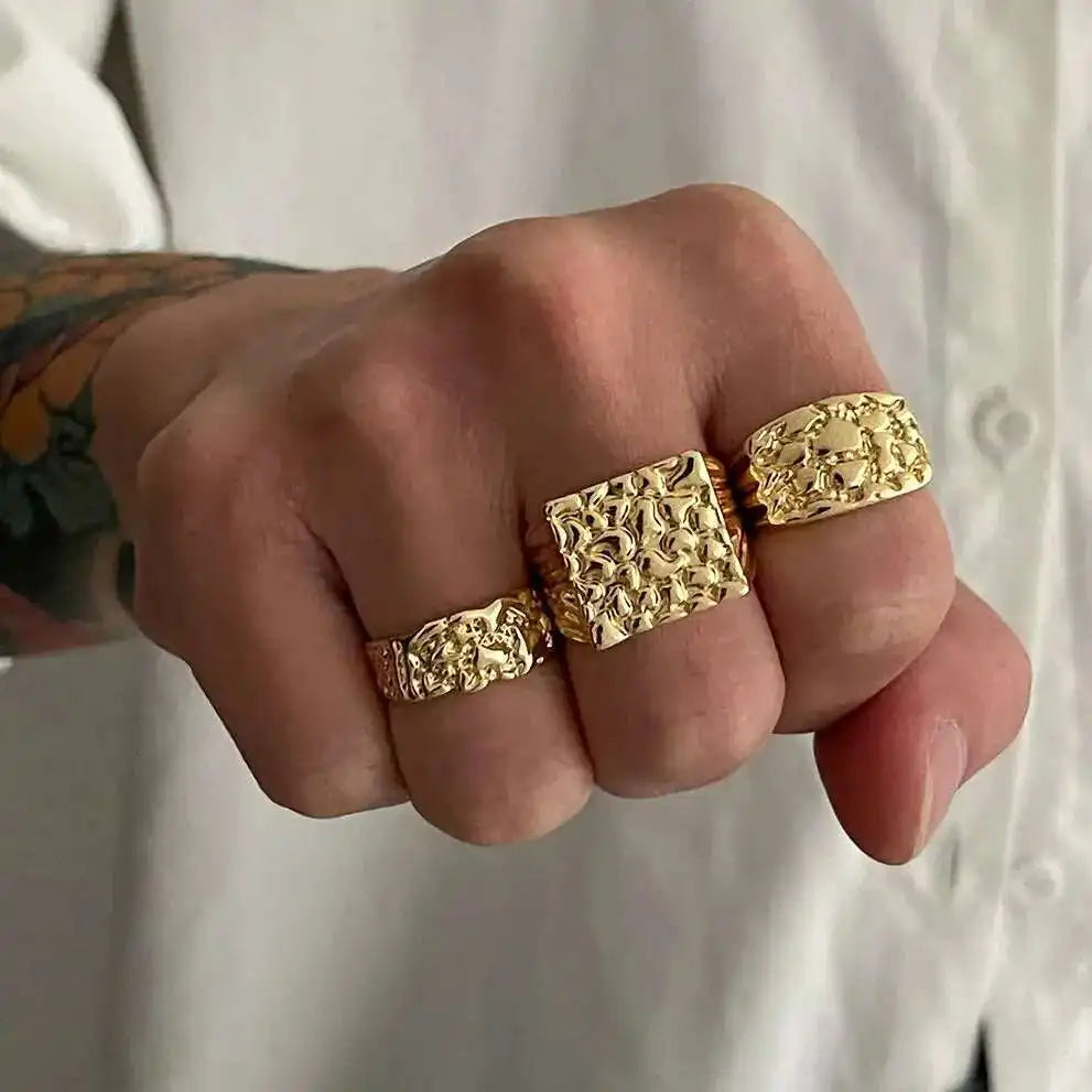 IngeSight.Z 3Pcs/Set Trendy Hip Hop Alloy Square Texture Texture Ring Men 2025 New Geometric Adjustable Finger Ring Jewelry Gift
