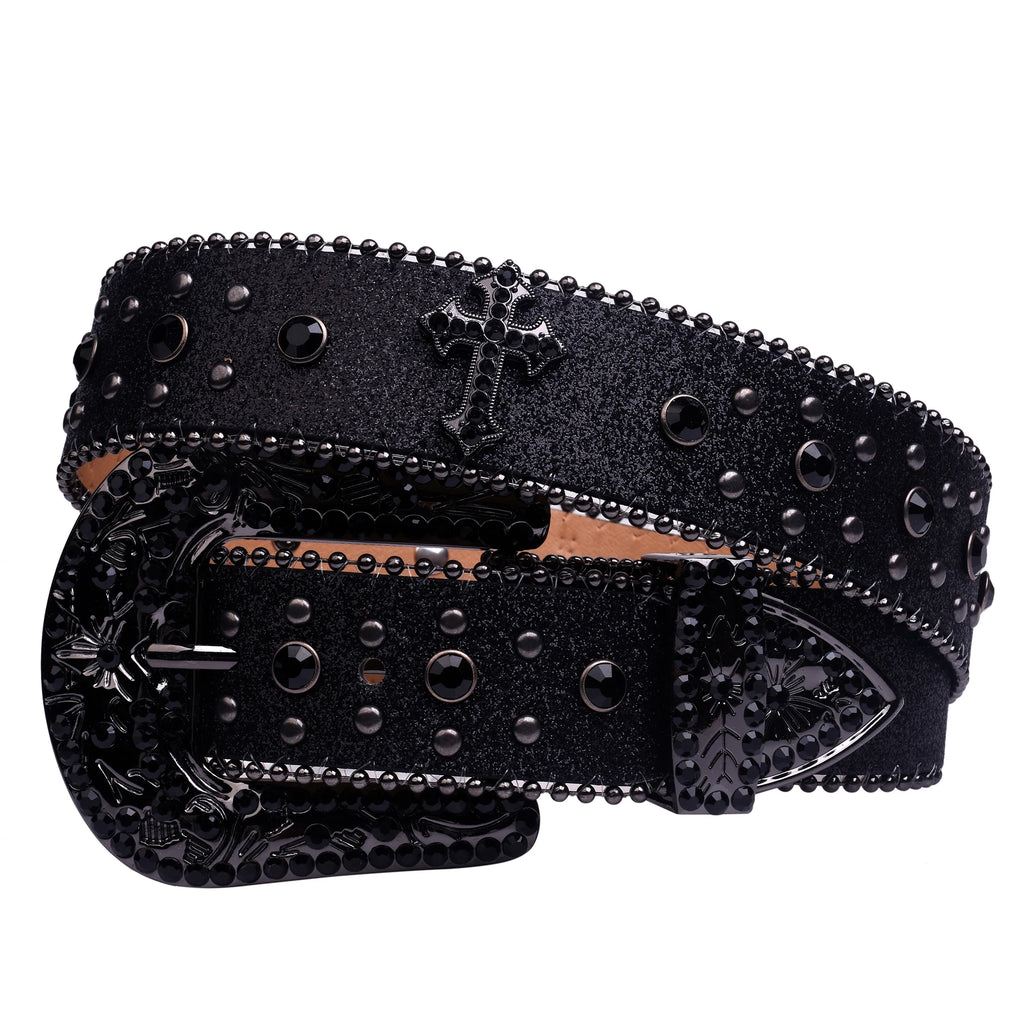 Black Rhinestone Studded Western Belt with Cross Concho – Glitter Strap, Ball Chain Edges & Engraved Black Buckle Set