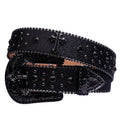 Black Rhinestone Studded Western Belt with Cross Concho – Glitter Strap, Ball Chain Edges & Engraved Black Buckle Set