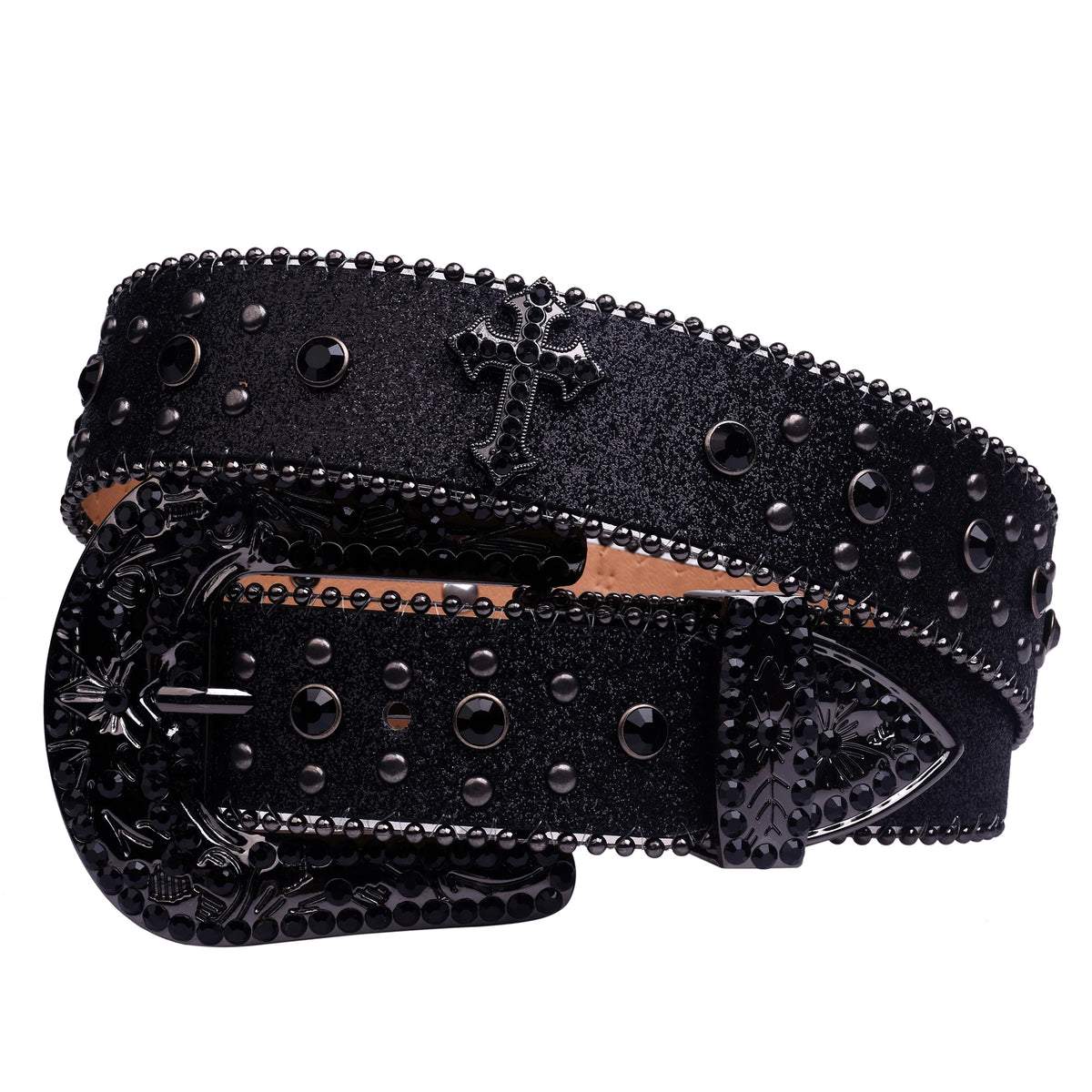 Black Rhinestone Studded Western Belt with Cross Concho – Glitter Strap, Ball Chain Edges & Engraved Black Buckle Set