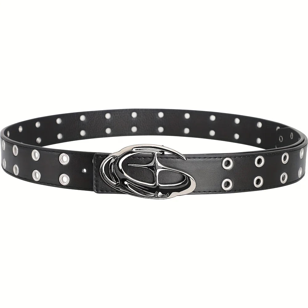 Black Liquid Chrome Star Oval Buckle Belt – Polished Silver Buckle with Four-Point Star Center | Plain or Double Grommet Strap