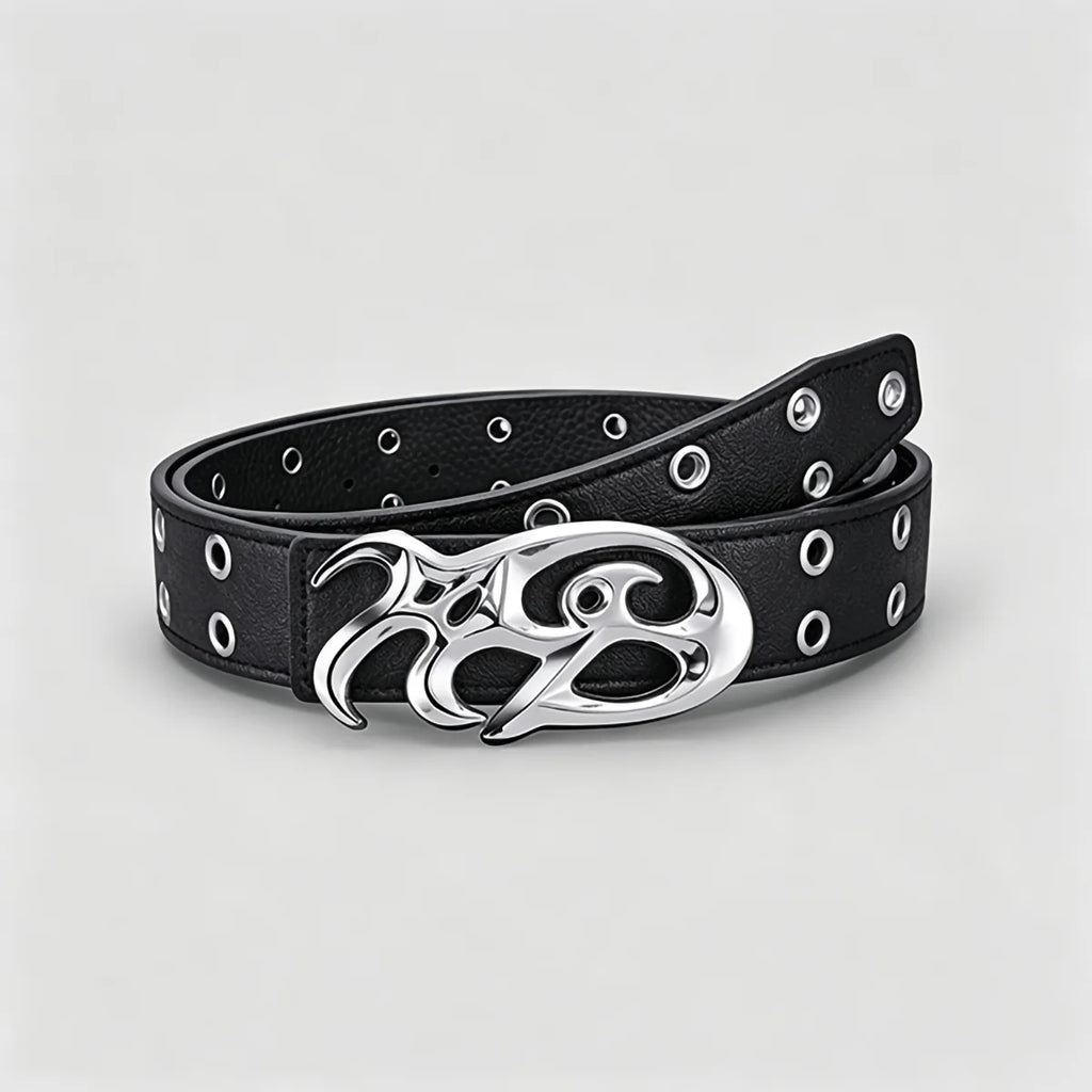 Black Double Grommet Belt with Tribal Chrome Buckle – Polished Silver Y2K Sigil Plaque & Stitched Strap