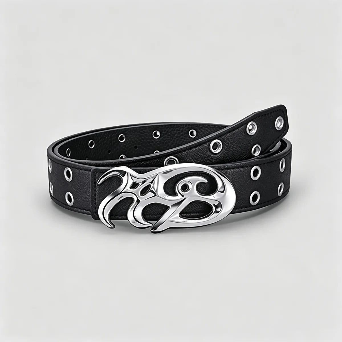Black Double Grommet Belt with Tribal Chrome Buckle – Polished Silver Y2K Sigil Plaque & Stitched Strap