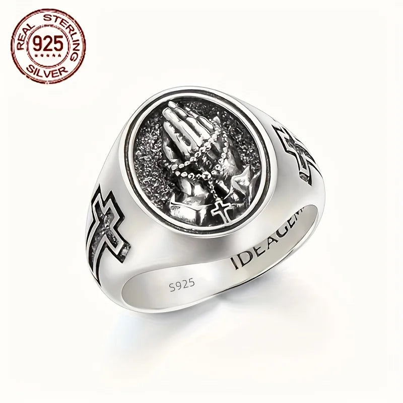 925 Sterling Silver Praying Hands Cross Rings for Men Vintage Punk Signet Believers Religious Ring Christian Jewelry