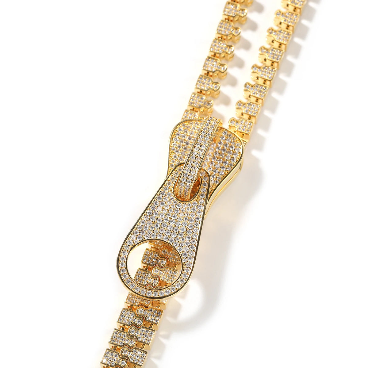 Iced Out Zipper Pull Pendant Necklace on Tennis Chain – Stone-Set Slider, Pull Tab & Dangling Zipper Teeth | Gold or Silver