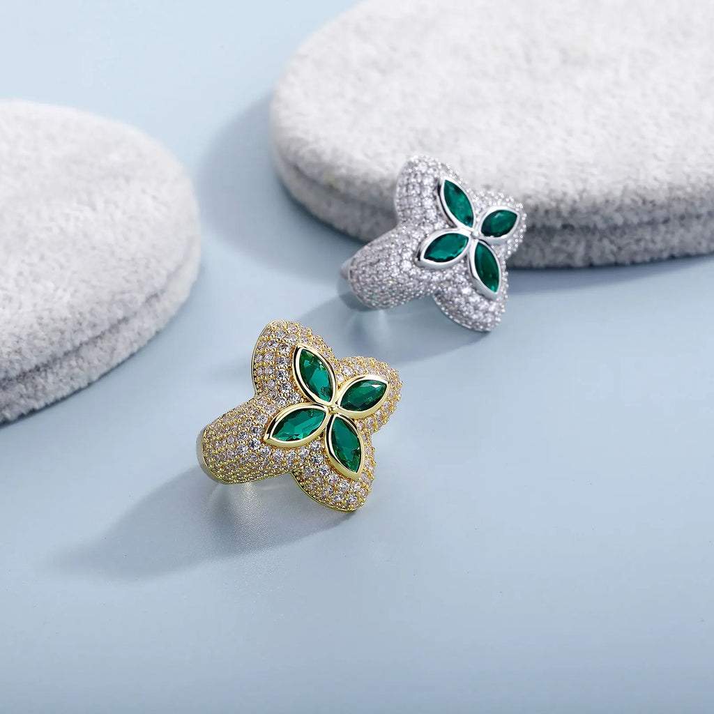 TOPGRILLZ 7-11 Size Iced Out Bling Charm Four Leaf Clover Ring Gold Silver Color Cubic Zirconia Flower Classic Ring For Gift