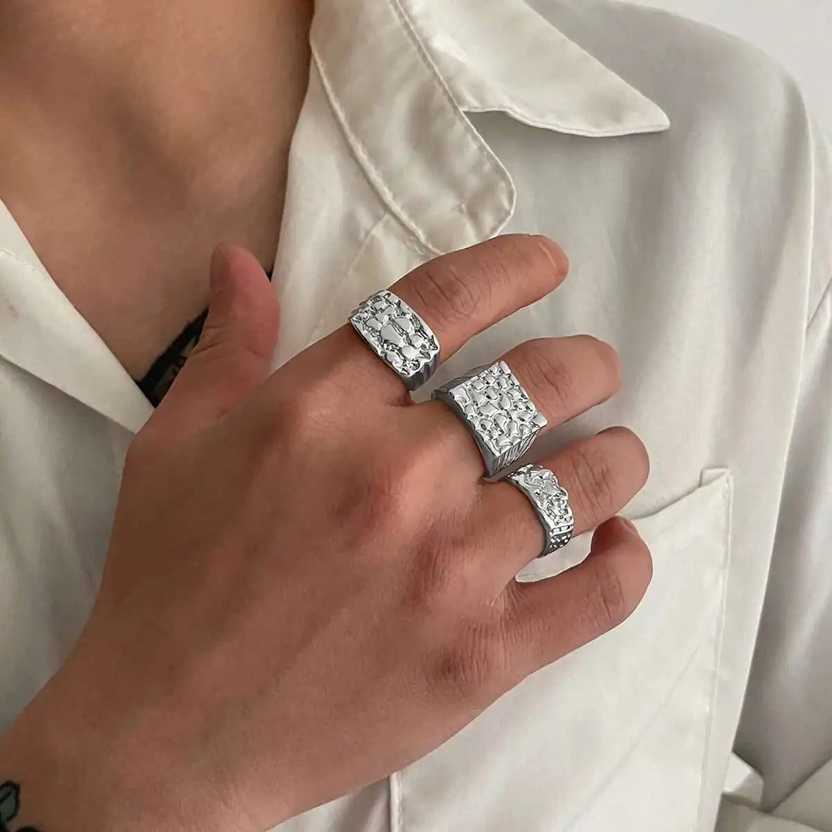IngeSight.Z 3Pcs/Set Trendy Hip Hop Alloy Square Texture Texture Ring Men 2025 New Geometric Adjustable Finger Ring Jewelry Gift
