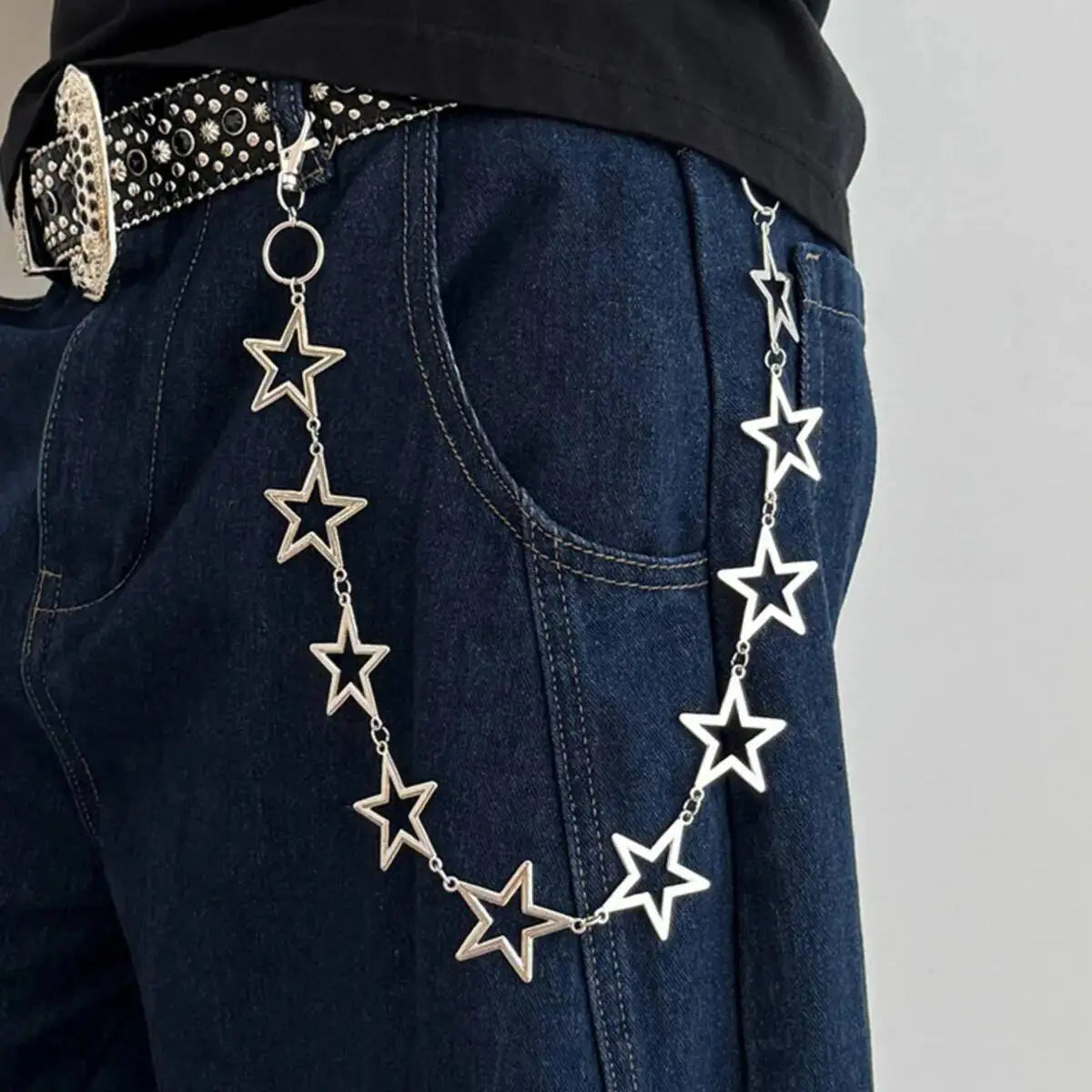 KunJoe Hip Hop Hollow Out Star Waist Belt Chain Keychain Jeans Accessory Men Women Punk Metal Hipster Pants Chain Male Jewelry