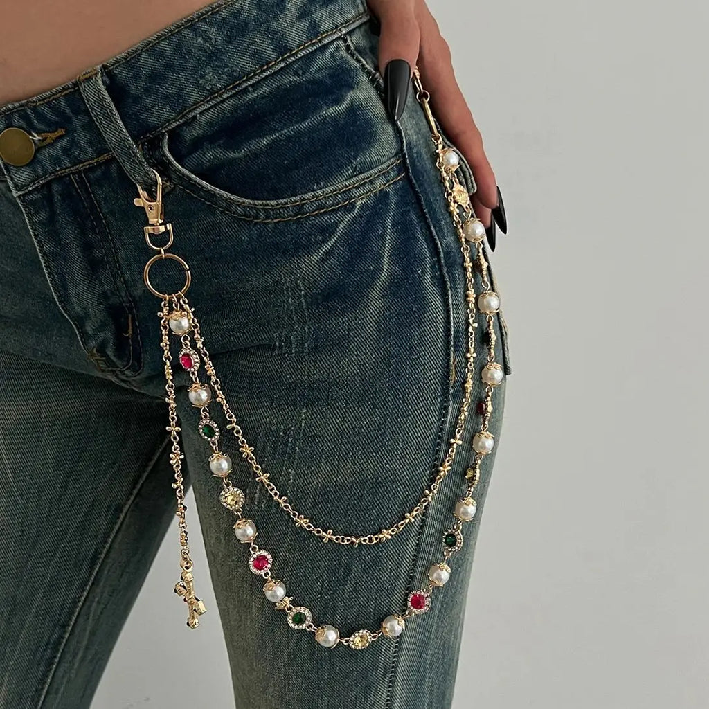 Ingemark Exquisite Luxury Imitation Pearl Acrylic Rhinestone Pants Chain Women Punk HipHop Cross Pendant Jeans Chain Men Jewelry