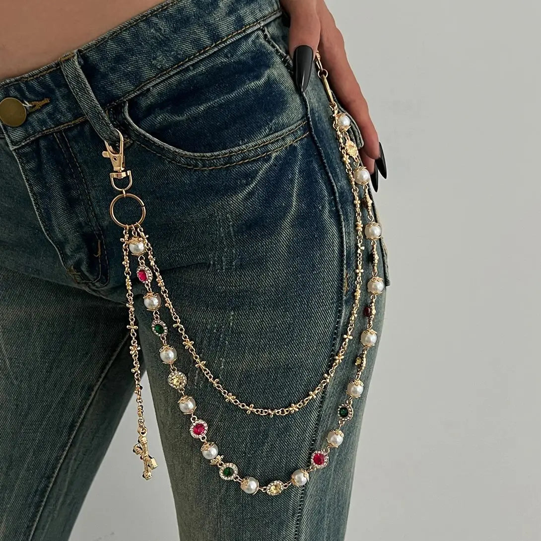 Ingemark Exquisite Luxury Imitation Pearl Acrylic Rhinestone Pants Chain Women Punk HipHop Cross Pendant Jeans Chain Men Jewelry