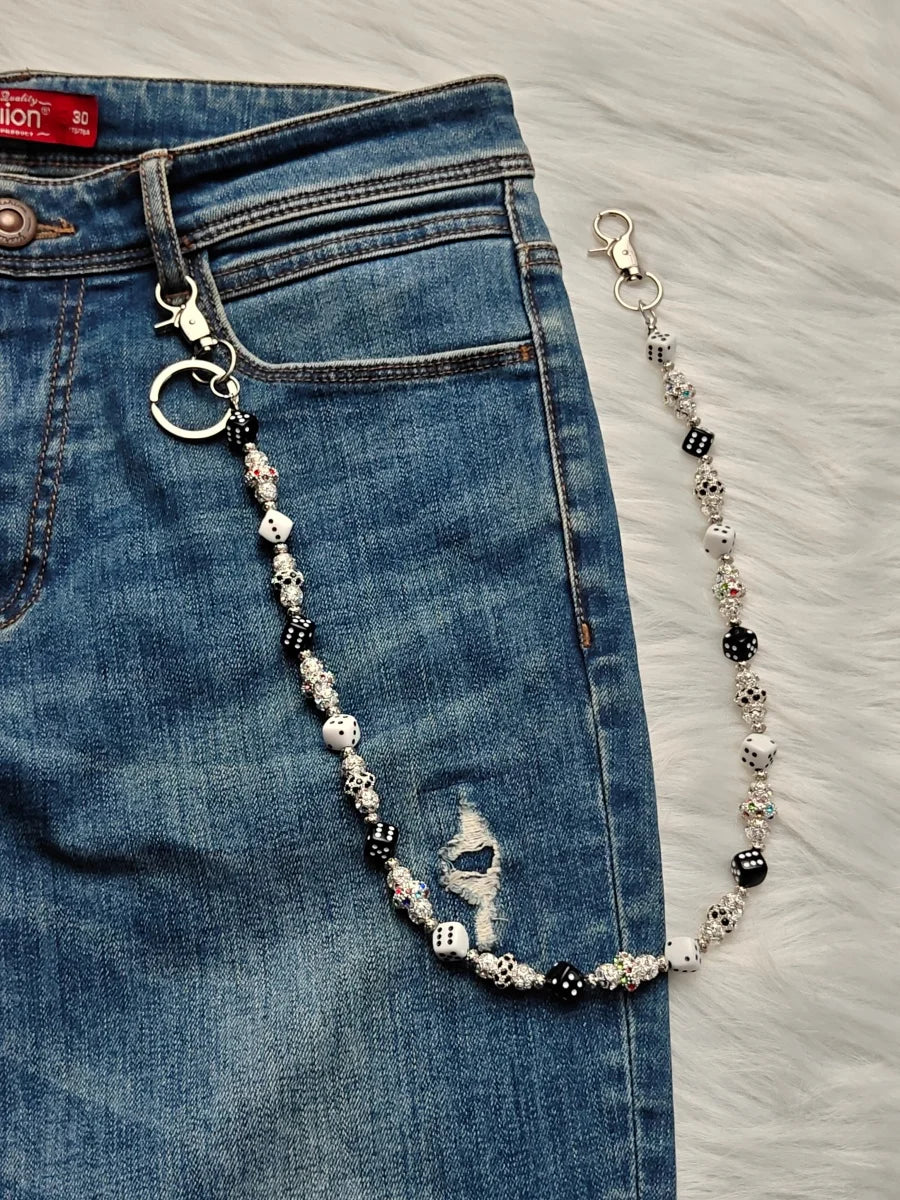 Y2K Hip Hop Dice Beaded Pants Chain, Black White Dice Rhinestone Jean Waist Chain, Zinc Alloy Punk Unisex Wallet Chain Bag Charm