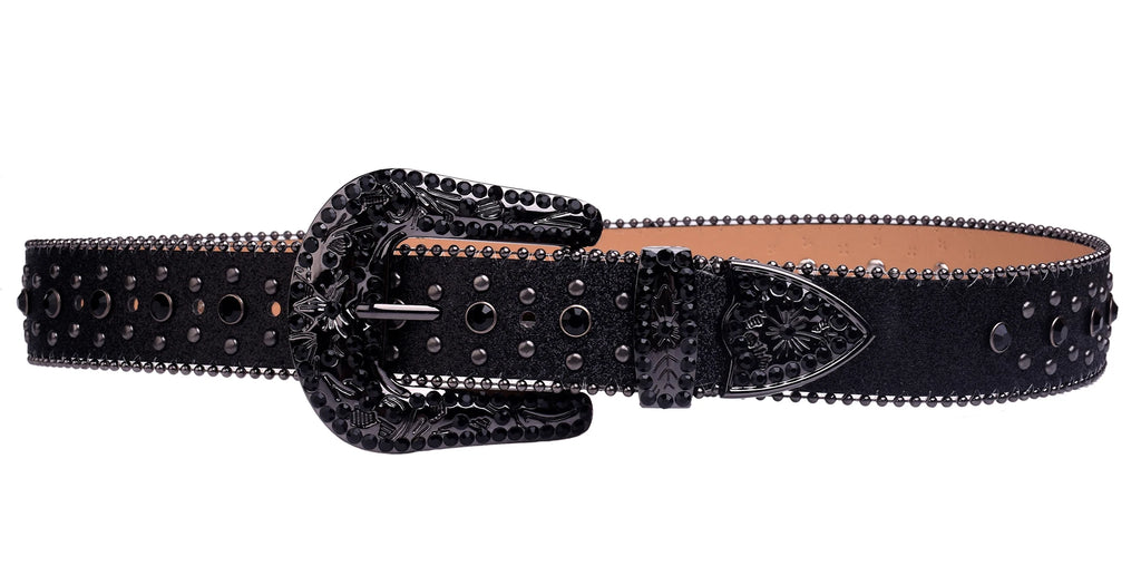 Black Rhinestone Studded Western Belt with Cross Concho – Glitter Strap, Ball Chain Edges & Engraved Black Buckle Set
