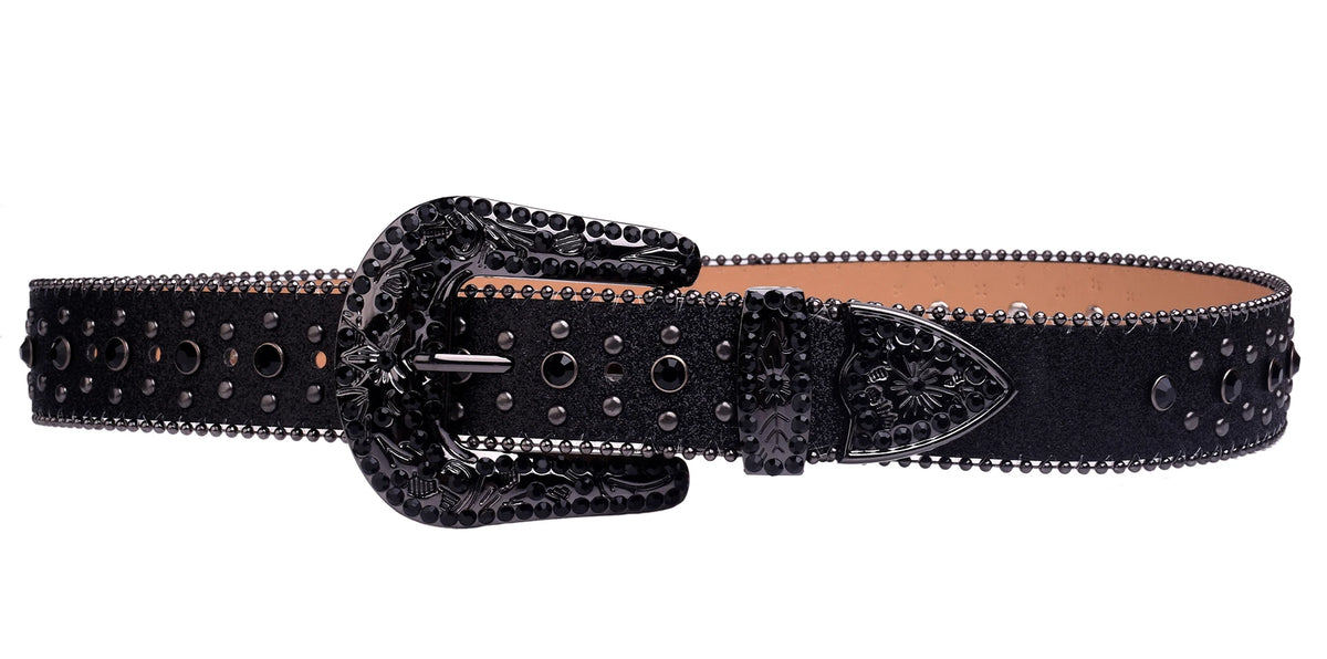 Black Rhinestone Studded Western Belt with Cross Concho – Glitter Strap, Ball Chain Edges & Engraved Black Buckle Set
