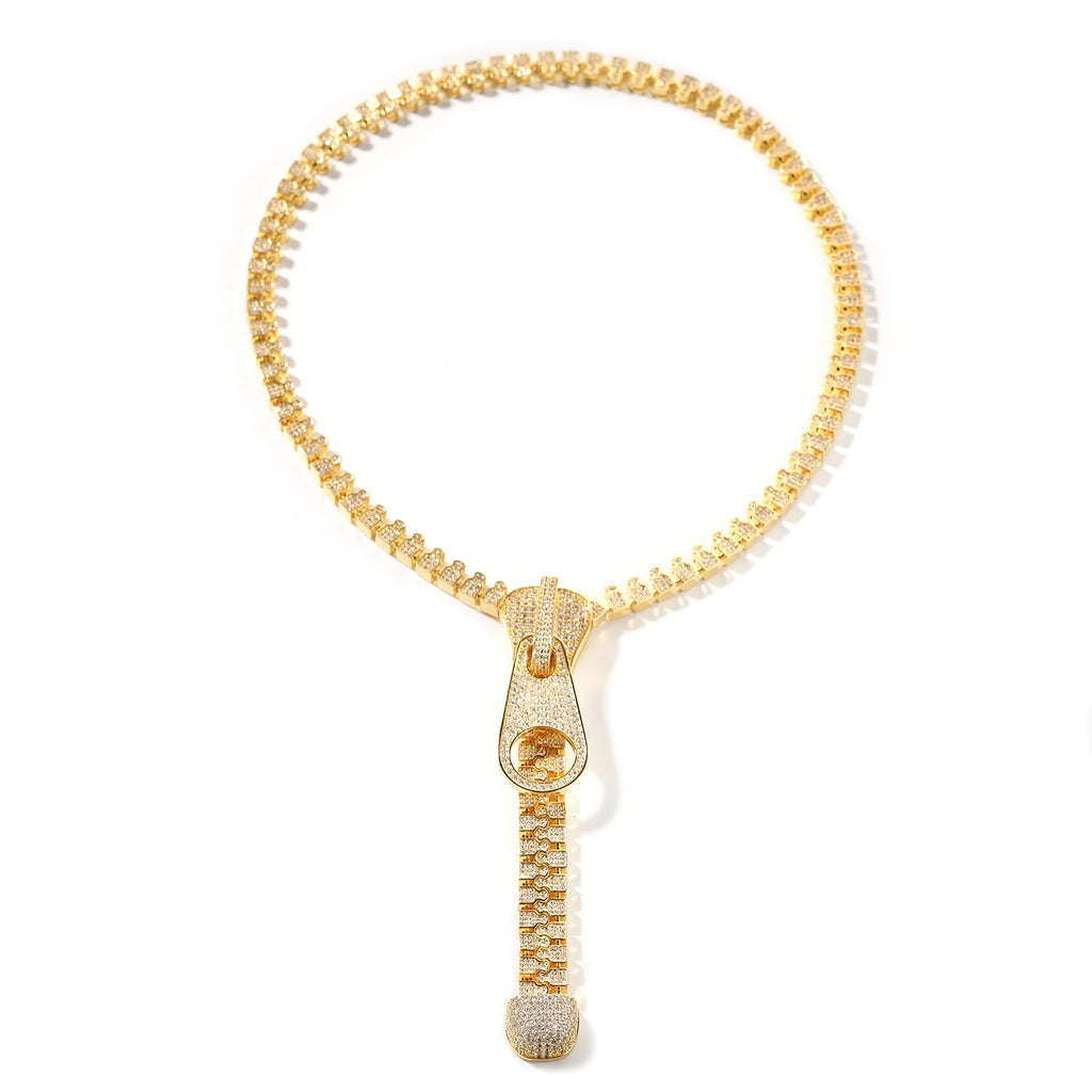 Iced Out Zipper Pull Pendant Necklace on Tennis Chain – Stone-Set Slider, Pull Tab & Dangling Zipper Teeth | Gold or Silver