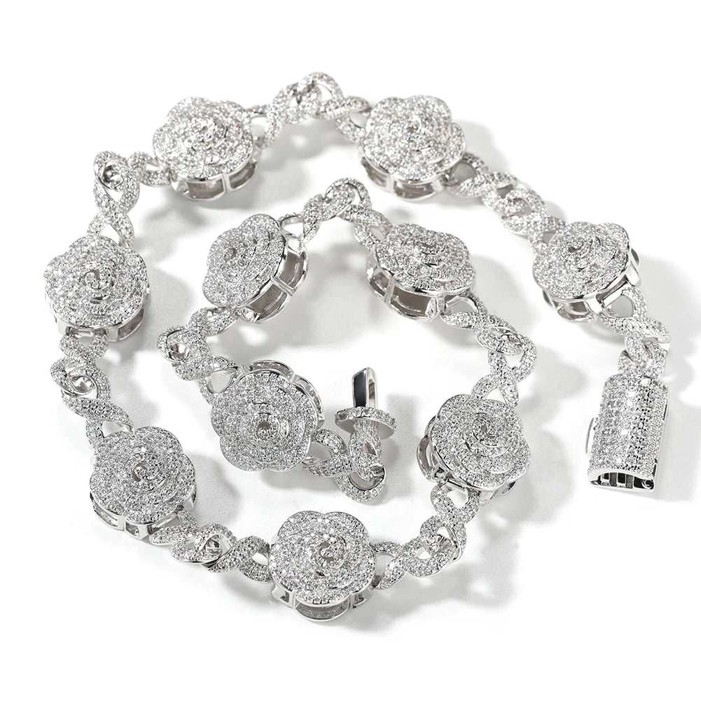 Iced Out Rose Flower Link Chain Necklace – Layered-Petal Roses with Stone-Set Infinity Links | Silver/Rose Gold or Silver