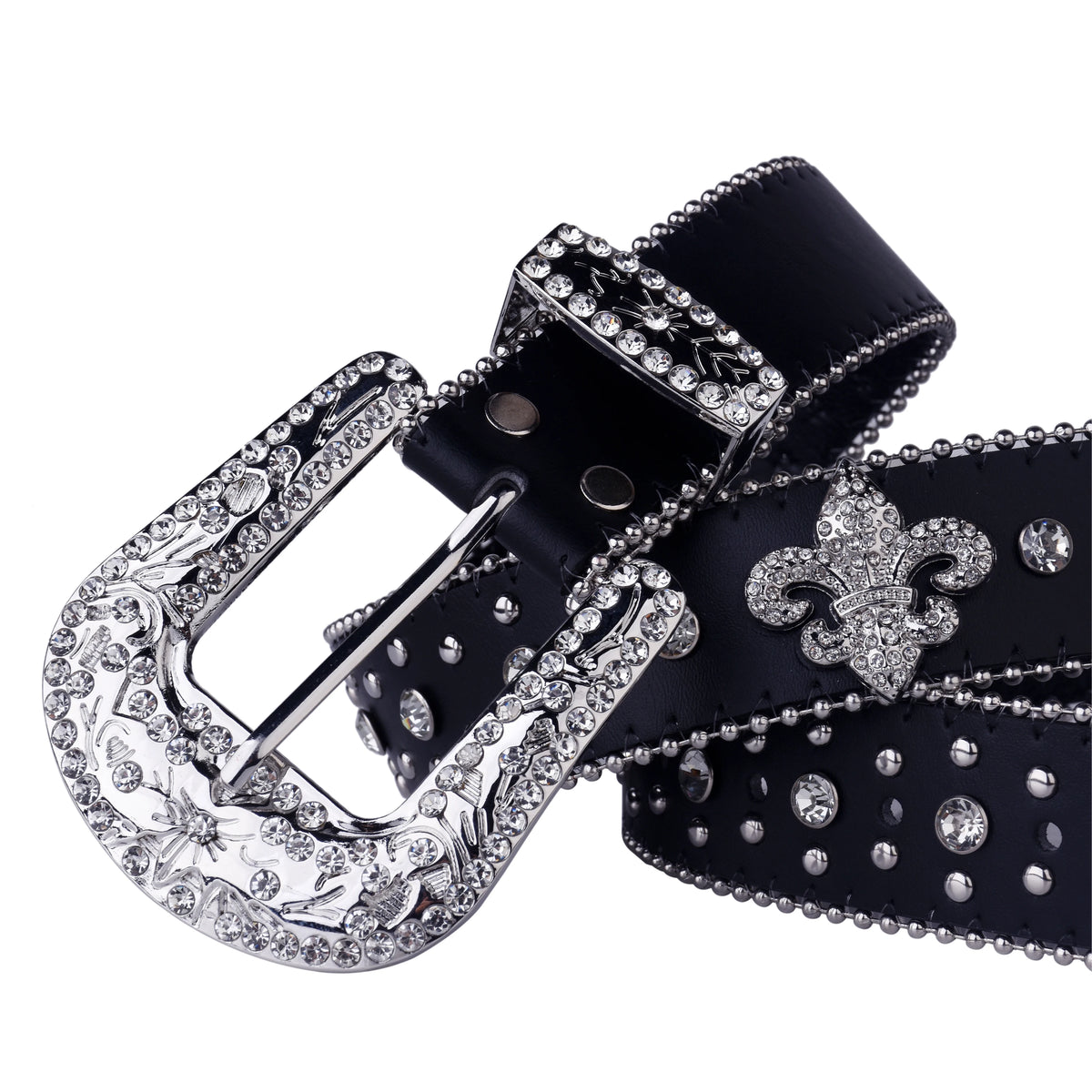 Black Rhinestone Studded Western Belt with Fleur-de-Lis Concho – Smooth Strap, Ball Chain Edges & Silver Rhinestone Buckle Set