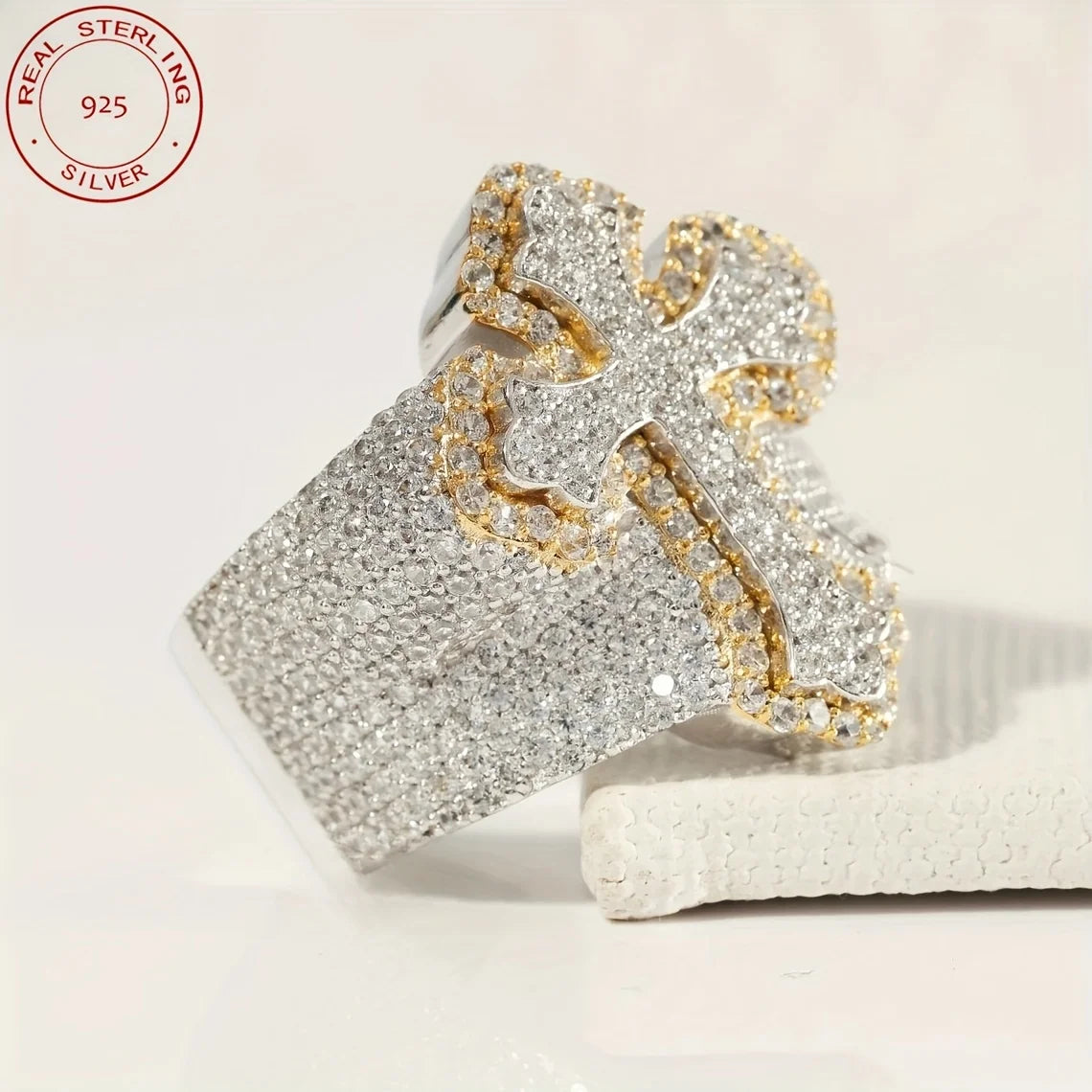 2025 New Arrival Iced Out Cross Ring Hip Hop Bustdown 925 Sterling Silver Rings For Men Retro Two Tone Fine Jewelry