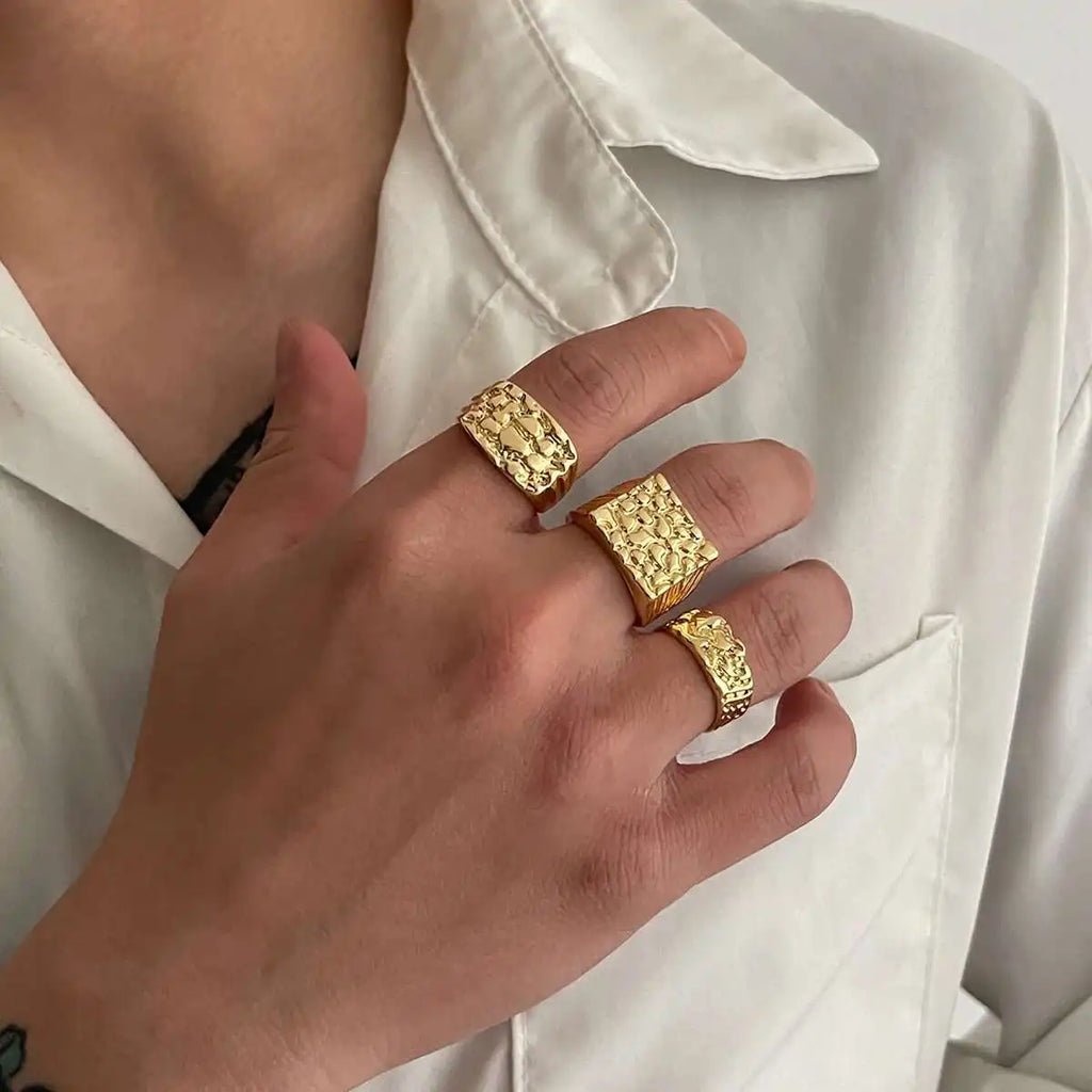 IngeSight.Z 3Pcs/Set Trendy Hip Hop Alloy Square Texture Texture Ring Men 2025 New Geometric Adjustable Finger Ring Jewelry Gift