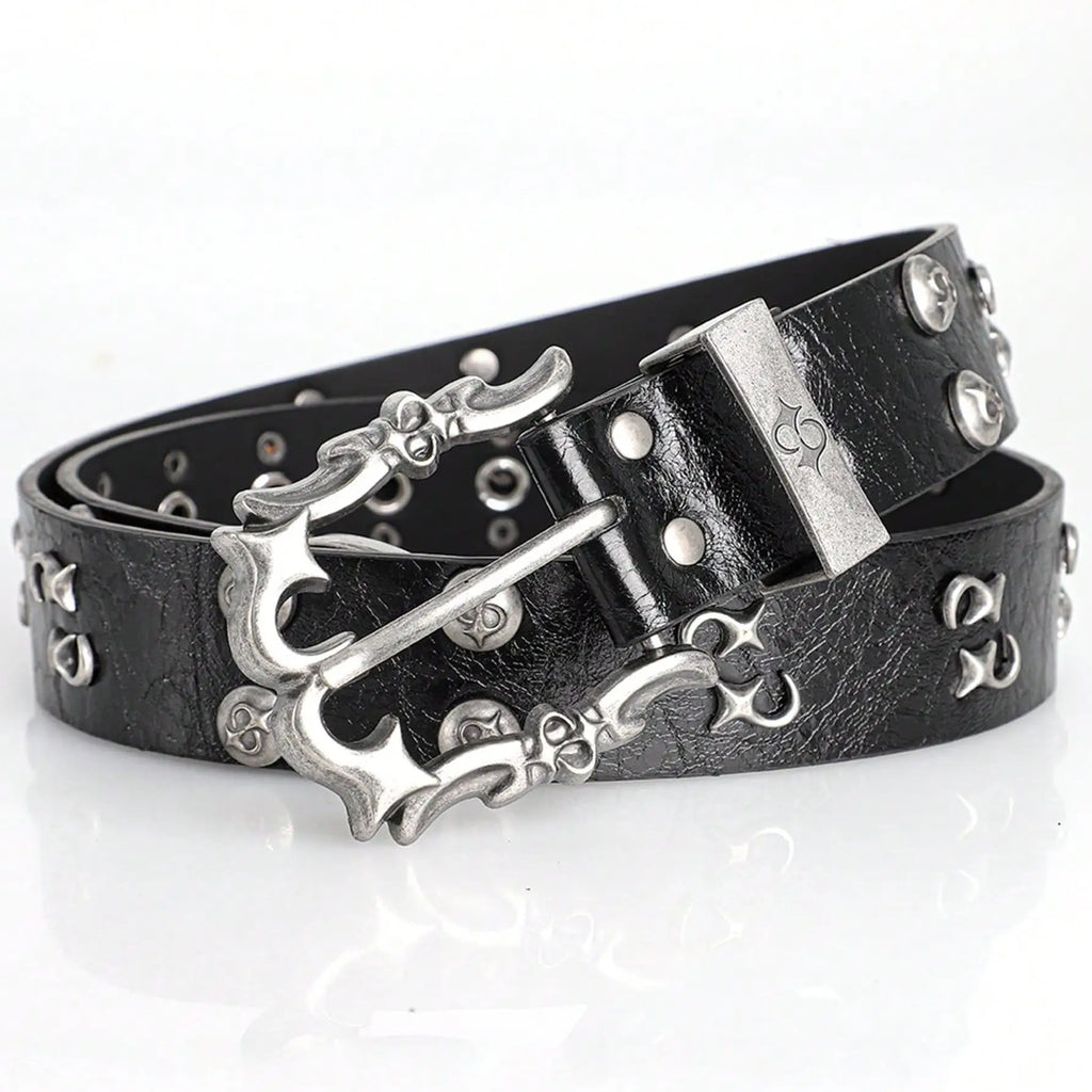 Black Y2K Gothic Star Belt – Crackle-Finish Strap with Ornate Antique Silver Buckle, Star Rivets & Grommets