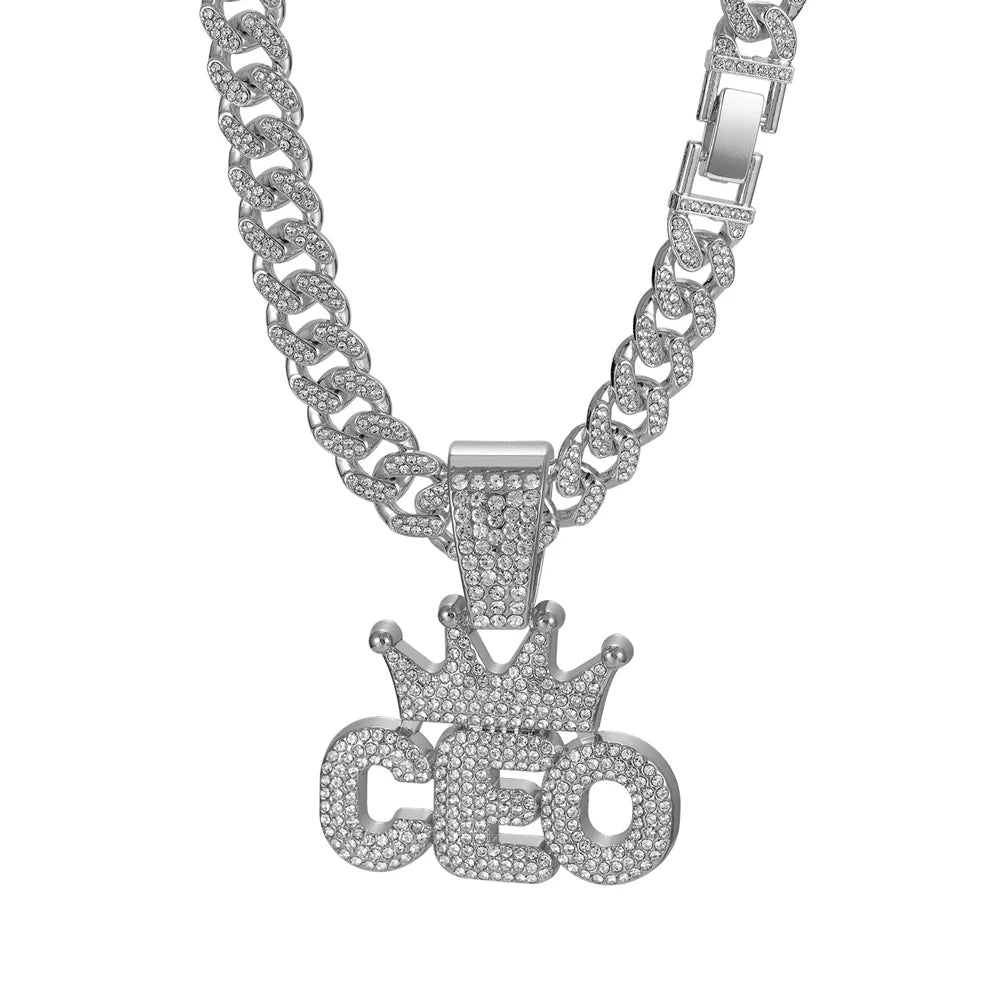 Iced Out Crowned CEO Pendant Necklace on Cuban Link Chain – Rounded Block Letters with Stone-Set Crown | Silver or Gold