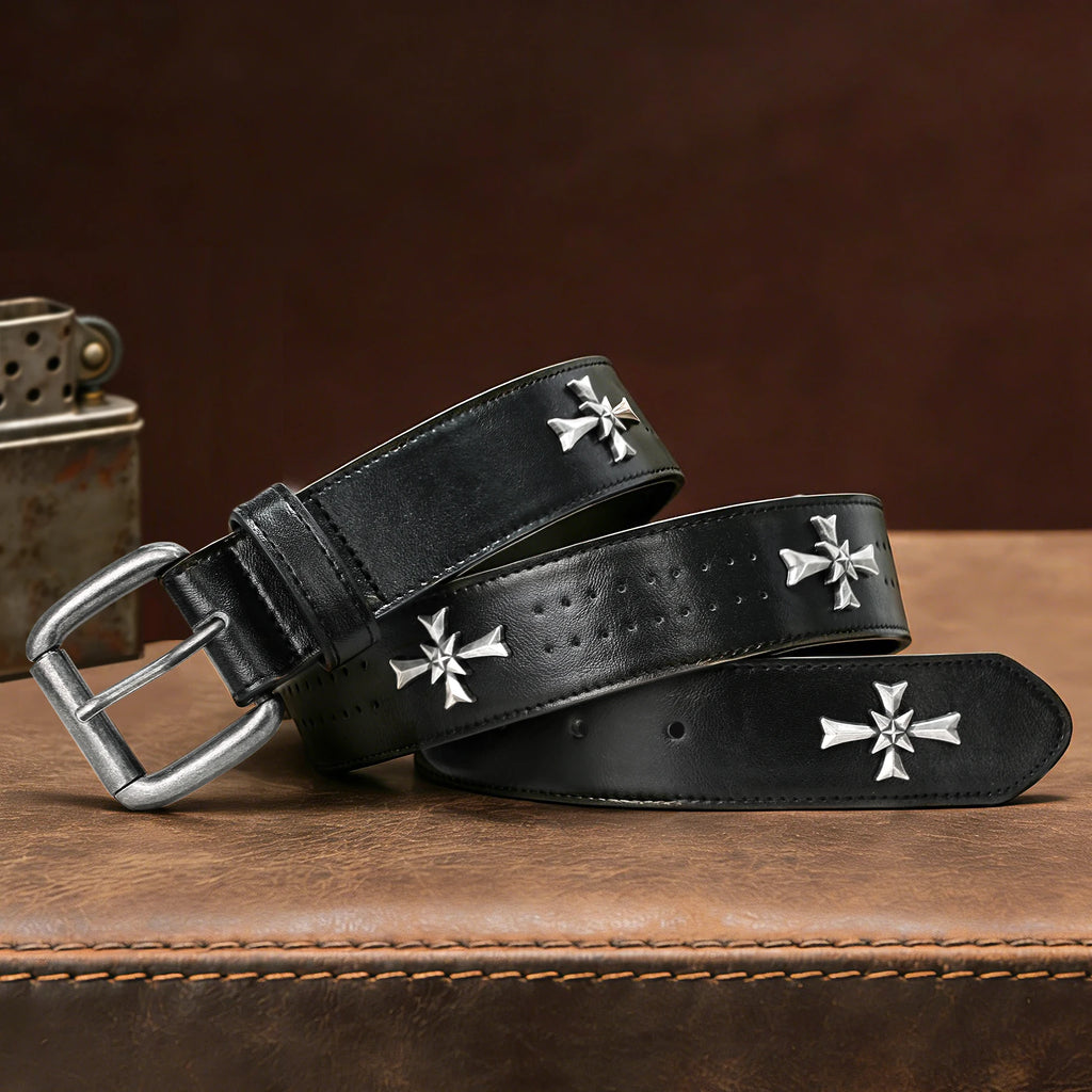 Black Y2K Punk Cross Belt – Faux Leather Strap with Antique Silver Cross Studs, Perforated Detailing & Roller Buckle