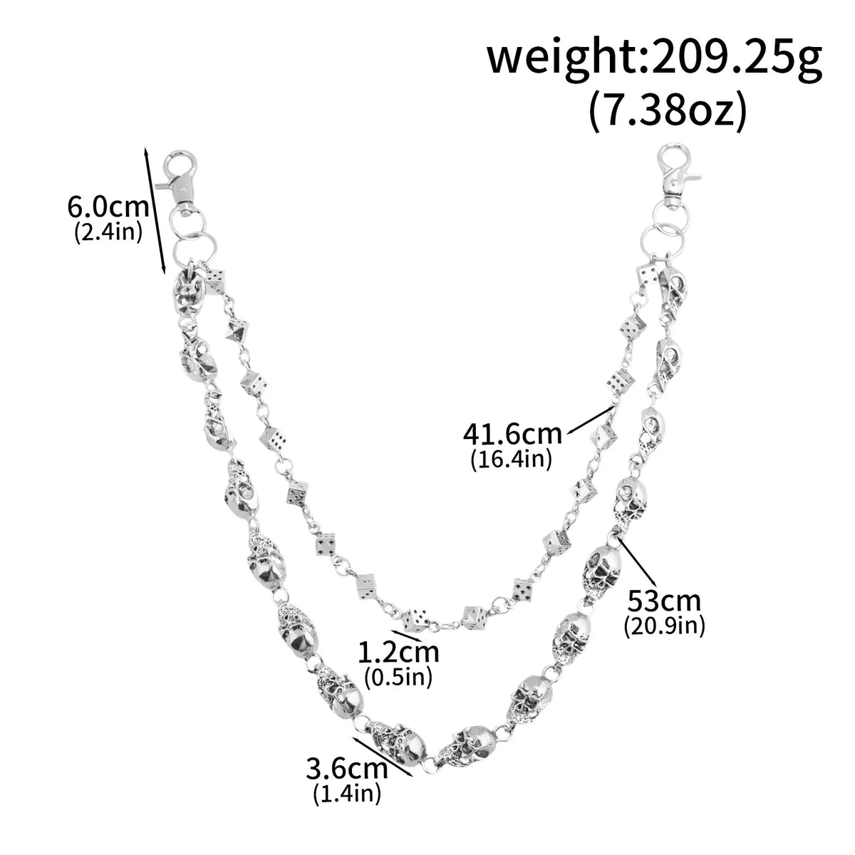 Skull Dice Double-Layer Jeans Chain Hip Hop Gothic Style Waist Chain Unisex Party Gift Bag Charm Cycling Accessory