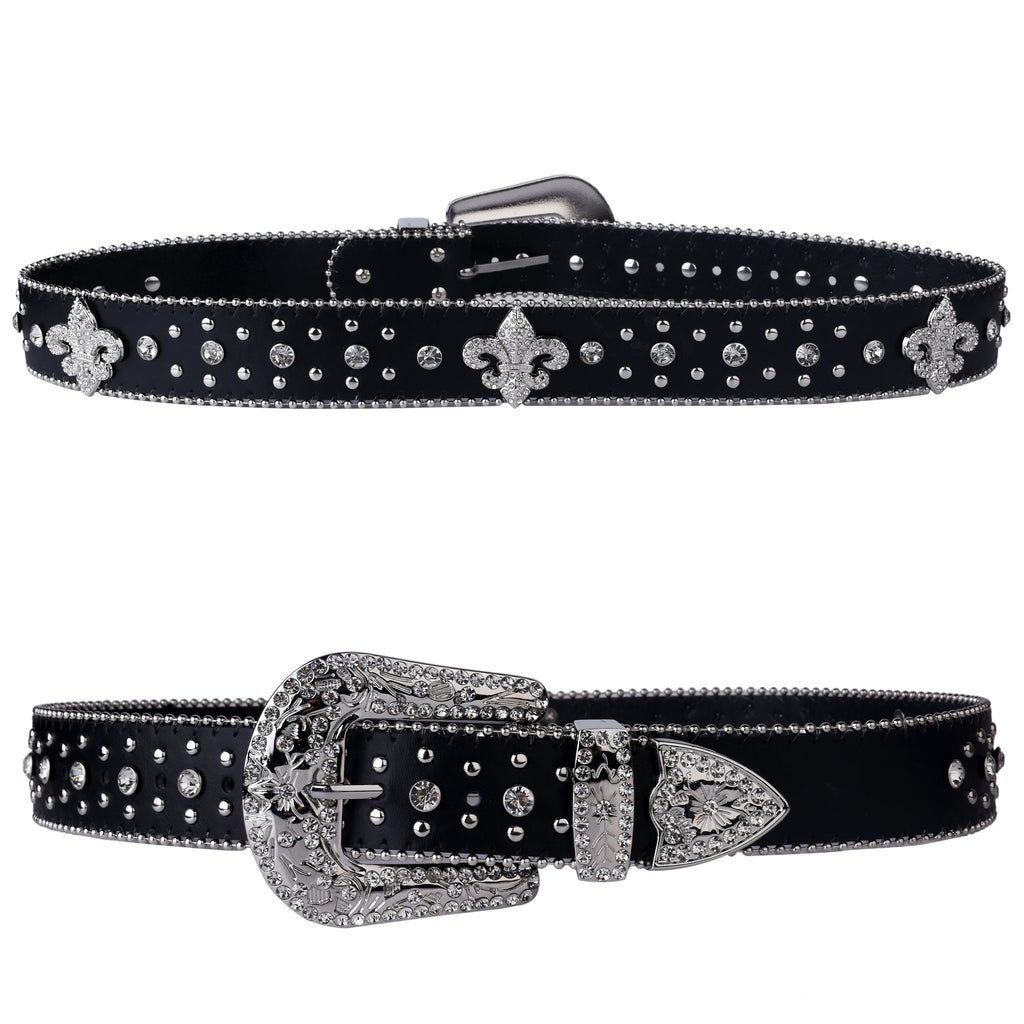 Black Rhinestone Studded Western Belt with Fleur-de-Lis Concho – Smooth Strap, Ball Chain Edges & Silver Rhinestone Buckle Set