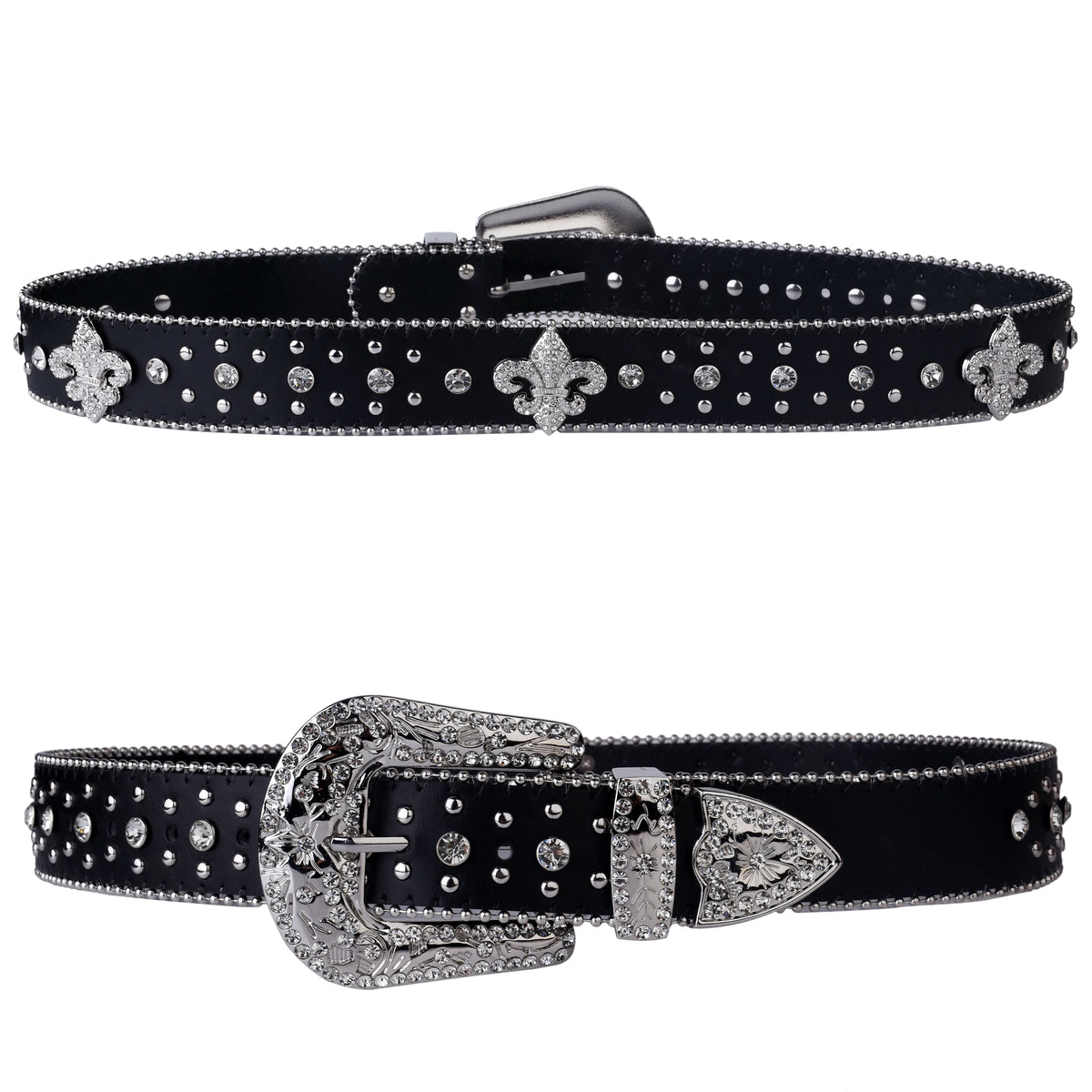Black Rhinestone Studded Western Belt with Fleur-de-Lis Concho – Smooth Strap, Ball Chain Edges & Silver Rhinestone Buckle Set